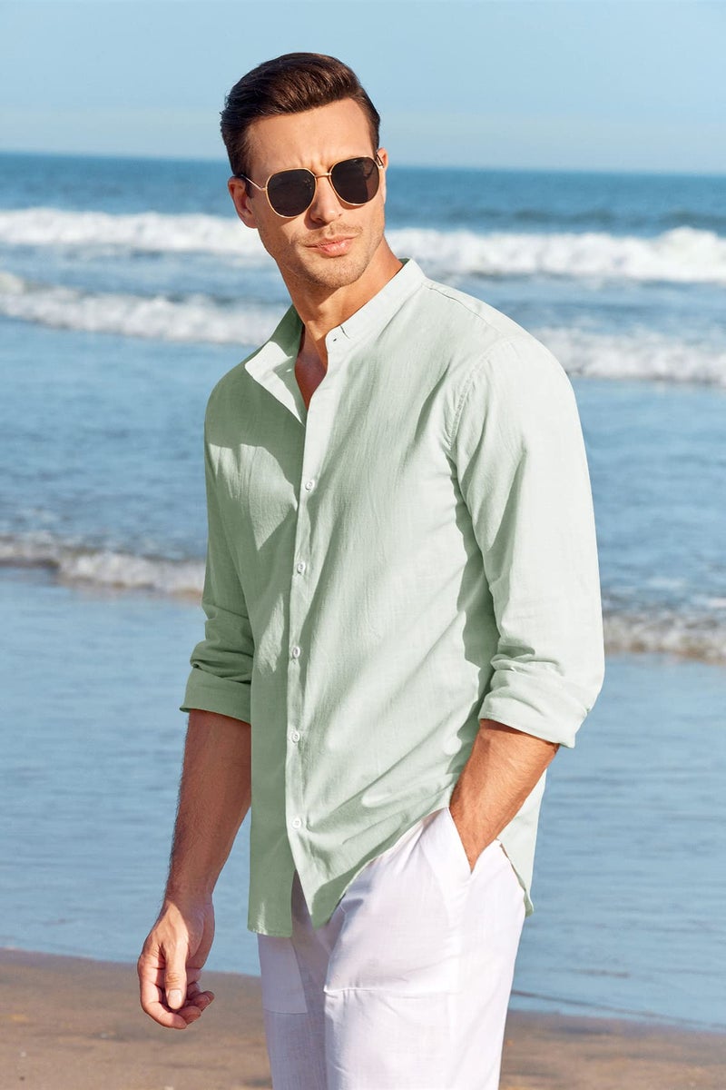 Makkrom Men Linen Shirt Button Down Long Sleeve Cotton Beach Band Collar Casual Summer Shirts - Image 5